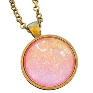 Pink Round Pendant on Vintage Bronze Chain Necklace